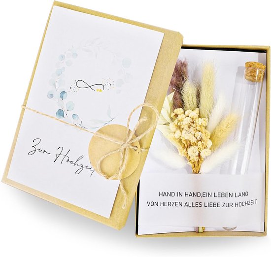 Geldcadeau voor bruiloft, huwelijkscadeau voor bruidspaar, geld, geldgeschenken, bruiloft, verpakkingsdoos met bruiloftskaart, droogbloemen, henneptouw, kunststof reageerbuisband, kraftpapier hanger