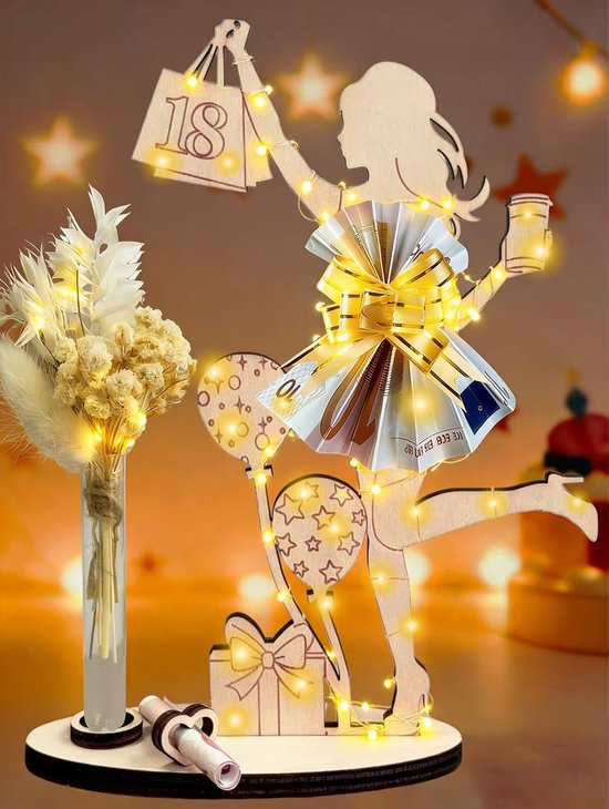 Geldcadeau voor de 18e verjaardag van meisjes, decoratie, led-geldgeschenken voor de 18e verjaardag van meisjes, gepersonaliseerde geschenken, houten bord, gastenboek, cadeaus voor de 18e verjaardag
