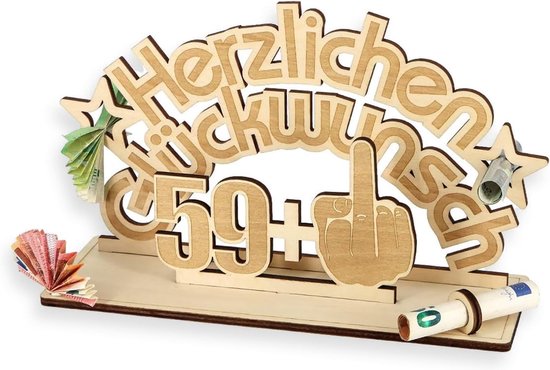 Geldgeschenk hout, grappig 60e verjaardag geld cadeau gemaakt van hout, 60 verjaardagsgetallen, gastenboek gemaakt van hout, 59+1, 60e verjaardag vrouwen en mannen