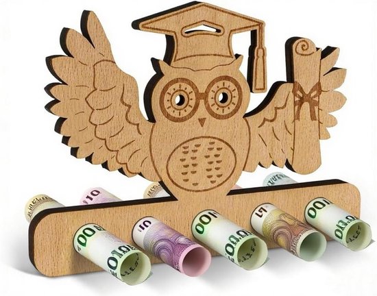 Geldgeschenk van hout voor afstuderen, creatief verjaardagscadeau voor mannen en vrouwen, gepersonaliseerde visdecoratie met gravure (afstuderen)