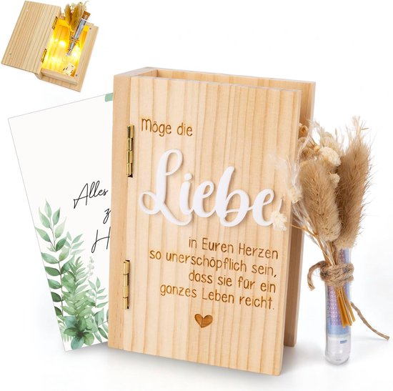Geldgeschenk voor bruiloften, huwelijkscadeau geld huwelijksgeschenken sets, gepersonaliseerde geschenken bruiloft hout voor bruidspaar met kaart, gedroogde bloemen, reageerbuisjes