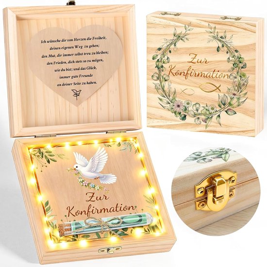 geldgeschenk voor meisjes en jongens, vormselgeschenk, souvenirs, houten doos met ledlicht en hartmagneten, vormselverpakking, geschenkdoos set (vormsel)