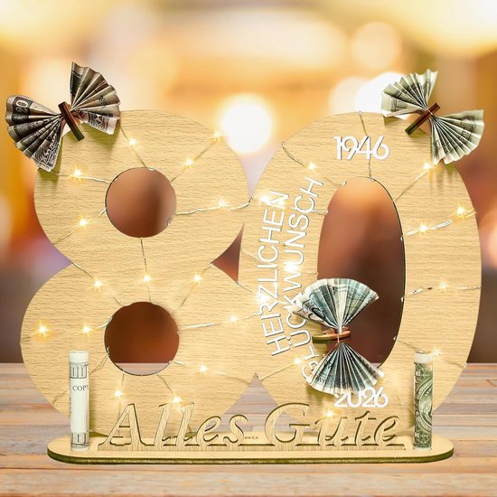 Geldgeschenken verjaardag 80, houten bord gastenboek, led-lichtketting