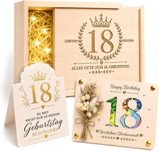Geldgeschenken voor de 18e verjaardag van hout, verpakking met gelframe, gedroogde bloemen, cadeau voor 18e verjaardag, meisjes en jongens, verjaardagscadeau voor volwassenheid