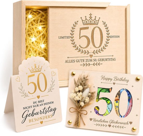 Geldgeschenken voor de 50e verjaardag van hout, verpakking met gelframe, gedroogde bloemen, cadeau voor 50e verjaardag, vrouw man, voor levenspartners