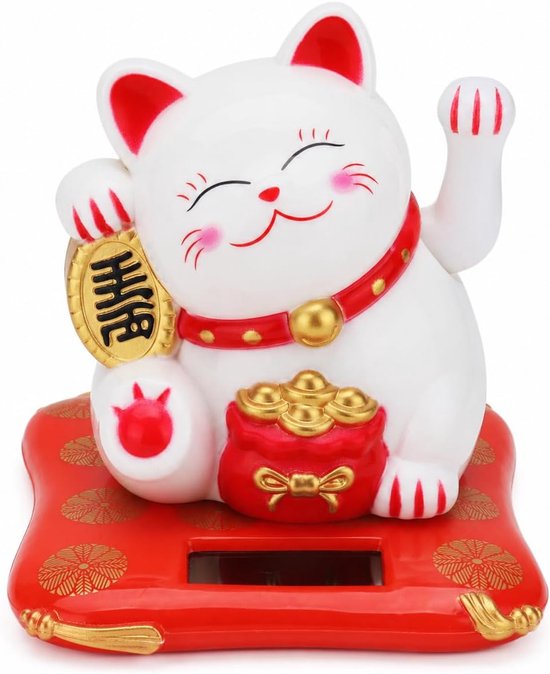 Gelukskat ornament, op zonne-energie bewegende arm gelukskat decoratie Feng Shui auto decor geld dansen katten Chinees geschenk voor het verwelkomen van geluk rijkdom