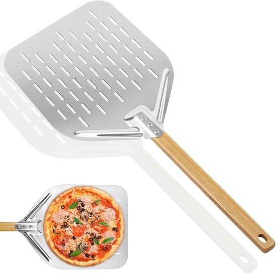 Geperforeerd, zilverkleurige 12 inch pizzaschep 39,5 * 30 cm, pizzaschep aluminiumlegering pizzaschep, professionele pizzaschep met groot oppervlak & verwijderbaar