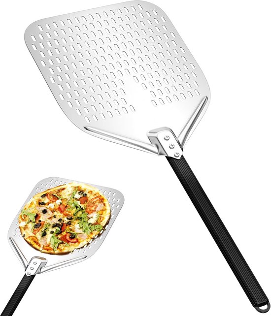 Geperforeerde pizzaschep, pizzaspatel van geanodiseerd aluminium met afneembaar houten handvat, 40 cm, vierkante pizzapaddle, pizzaplank voor het optillen van pizza en gebak