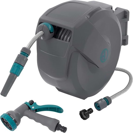 Germany Tuinslanghaspel 15m+1,5m Muurgemonteerde Slanghouder met RollUp-Functie Vergrendelingssysteem en 9 Sproeistanden 180° Zwenkbaar Automatische Waterslangbox voor Wandbevestiging