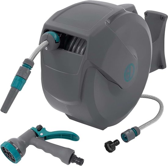 Germany Tuinslanghaspel 20m+2m Muurgemonteerde Slanghouder met RollUp-Functie Vergrendelingssysteem en 9 Sproeistanden 180° Zwenkbaar Automatische Waterslangbox voor Wandbevestiging