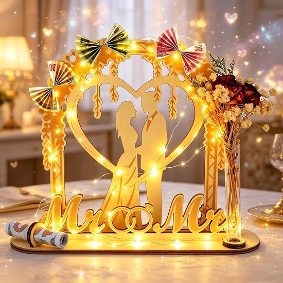 Geschenkdoos voor bruiloft van hout, geldgeschenk voor bruiloften, romantische decoratie voor koppels, met led-lichtketting, gedroogde bloemen, bankbiljettenhouder, origineel cadeau voor bruiloft