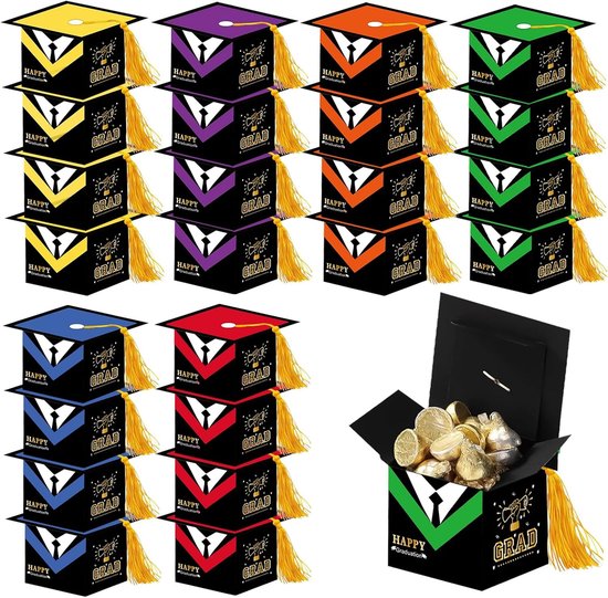 Geschenkdoosjes voor Afstudeerfeest - 24 Stuks, Kleur: Rood, Geel, Oranje, Paars, Groen, Blauw, Met Gouden Flosdraad, 6 x 6 x 6 cm