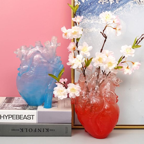 Gesimuleerde Hartvormige Bloemenvaas, Onregelmatige Creatieve Kunstvaasdecoraties, Harsen Hartsculptuurvaas voor Kantoor Aanrecht Boekenplank(#small- transparent red)