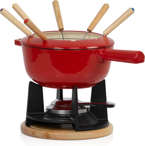 Gietijzeren fondueset voor 6 personen | 2 liter | fondueset 13-delig met brander en vorken | fondueset, kaasfondueset, vleesfondueset, chocoladefondueset (rood geëmailleerd)