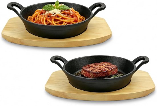 Gietijzeren serveerpan, set van 2, gietijzeren pan zonder coating met houten onderzetter en dubbele handgrepen, geschikt voor oven, inductie, gasfornuis, bijgerechten en ovengerechten