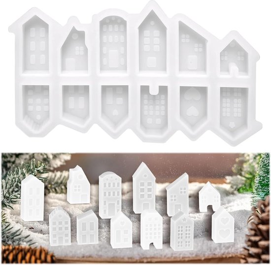 Gietvormen, 12 vormen Mini siliconenvorm Huizen, Siliconen Gietvorm Mini-Huizen Siliconenvorm Kerstmis voor Sojawas Kaarsen DIY Kaarsen Zeep Gips
