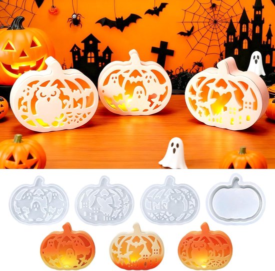Gietvormen Halloween pompoen, 4 stuks siliconen vormen pompoen, gietvormen siliconen Halloween, gietvorm pompoen, siliconen vorm herfst, gipsvormen om te gieten voor doe-het-zelf pompoen