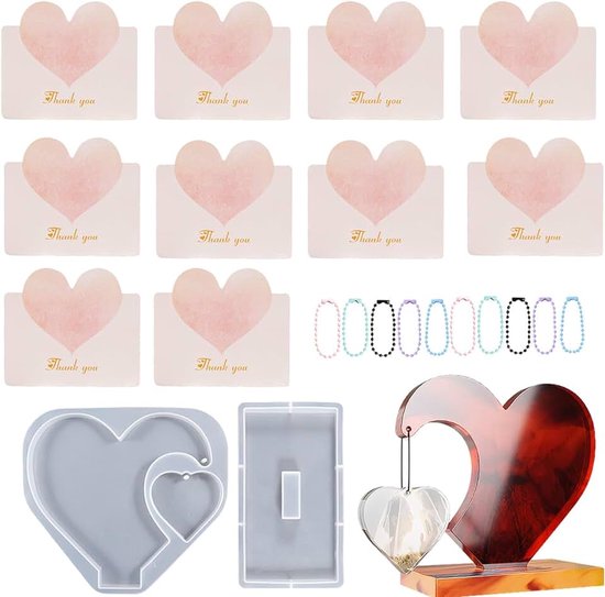 Gietvormen hartvormige mal set – DIY hars decoratie dubbele hart basismal 20.2×18.3cm + kleurige kralen + 10 wenskaarten – ideaal voor handgemaakte cadeaus en woondecoratie