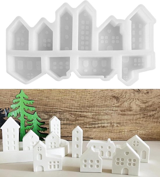 Gietvormen huizen, siliconen gietvorm, mini-huizen, 10 vormen om uit te gieten met gips, creatief beton, was, gietpoeder, gietvorm brandproduct