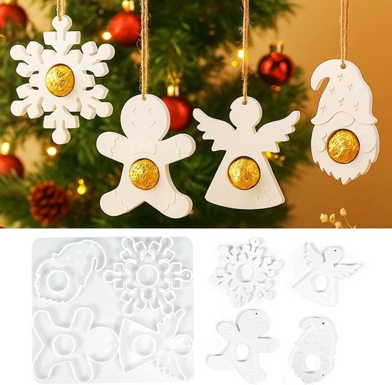 Gietvormen, kersthanger, 6 stuks, siliconen vormen, Kerstmis, eland, kabouter, hanger, gietvormen, siliconen eland, gips om te gieten, sneeuwpop, siliconen vormen, Kerstmis (B)
