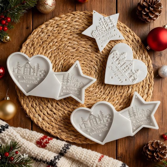 gietvormen Kerstmis, 4 stuks siliconen vormen, kersthanger, dennenboom, ster, gipsvormen om te gieten, gietvorm, hart, hanger, Kerstmis, gietvormen om te gieten