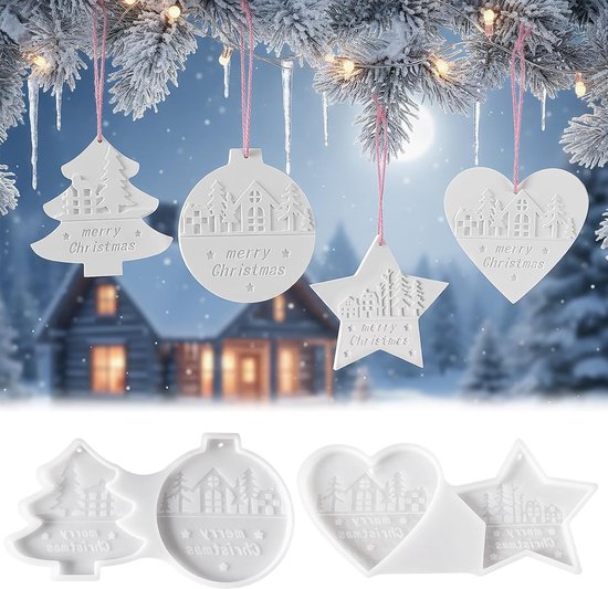 Gietvormen Kerstmis, 4 stuks siliconen vormen, kersthangers, gietvormen, siliconen hanger met dennenboom, ster, hart, voor doe-het-zelf hars, kerstdecoratie en woondecoratie