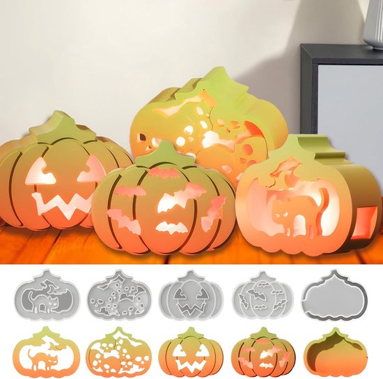 Gietvormen pompoen, 5 stuks siliconen vorm pompoen met Helloween doodskop patroon, siliconen vorm pompoen gietvormen siliconen, pompoen siliconen voor doe-het-zelf Halloween-decoratie