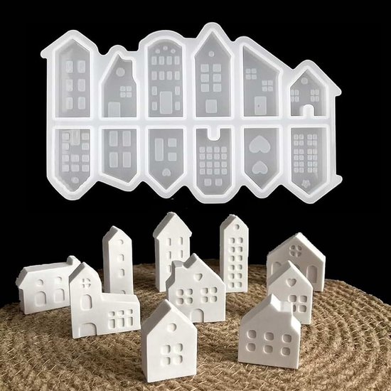 Gietvormen, siliconen kaarsvorm 3D, om te gieten met giethars, was, siliconen mallen voor Valentijnsdag, Halloween, Kerstmis, Thanksgiving, Pasen (huizen / 12 stuks)