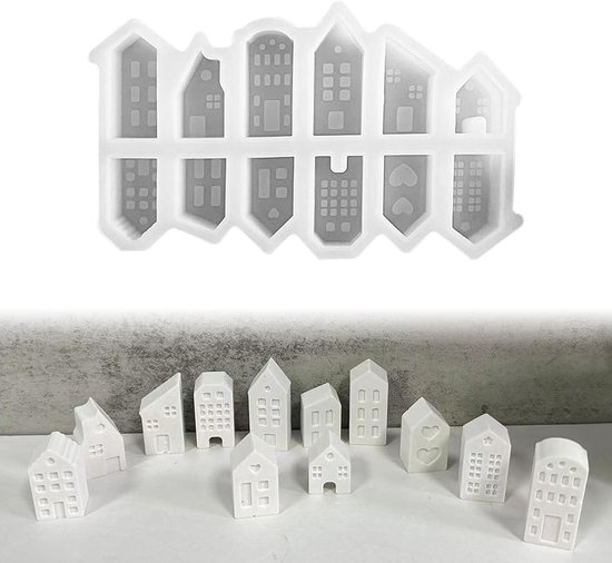 Gietvormen voor huizen, 12 vormen om te gieten met gips, creatief beton, was, gietpoeder, siliconen gietvorm, mini-huizen en kaarsvormen