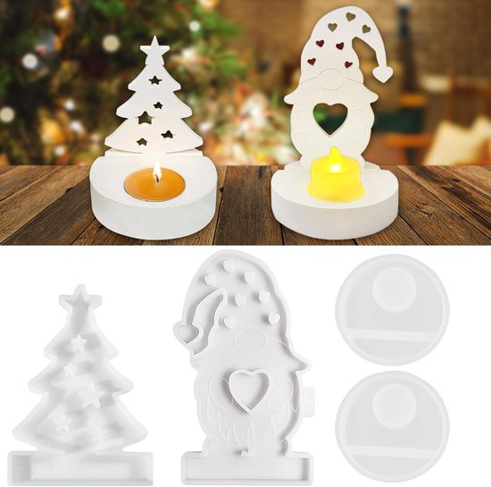 Gietvormen voor Kerstmis, 4 stuks gietvormen, siliconen kerstboom, kaboutervormen met sokkel, doe-het-zelf handgemaakte kerstkaarsen, gietbaar in gips en epoxyhars, voor thuistafeldecoratie