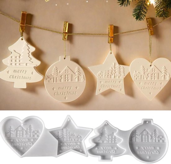 gietvormen voor Kerstmis, 4 stuks siliconen vormen, kersthangers met dennenboom, ster, hart, bal, huis, handwerk, epoxyhars, gietvormen, siliconen voor giethangers
