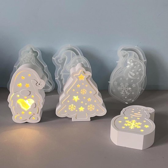 gietvormen voor Kerstmis, 6 stuks, 3D-siliconenvormen, Kerstmis, huis, gietvormen, siliconen boom, kabouter, gips om te gieten, gietvorm, dennenboom, siliconenvorm, huisje voor 3D-handwerk