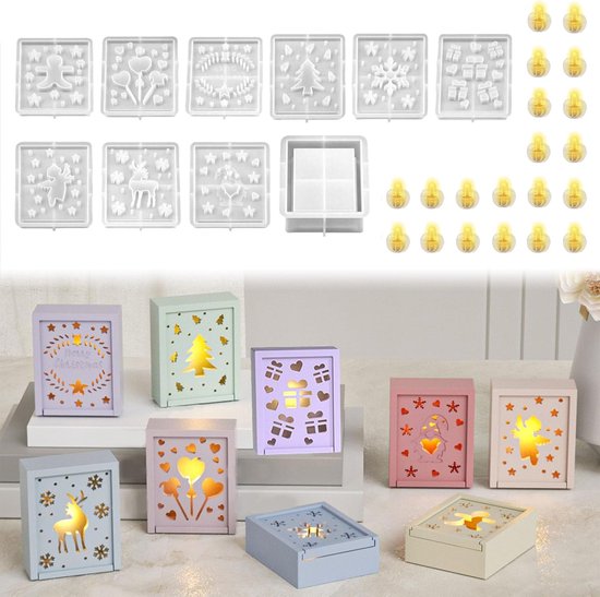 gietvormen voor Pasen, 10 stuks geschenkdoos, siliconen mal voor Pasen met 20 ledballonlampen, gietvorm voor Pasen met eland, boom, ster, gips om te gieten, siliconen, Valentijnsdag