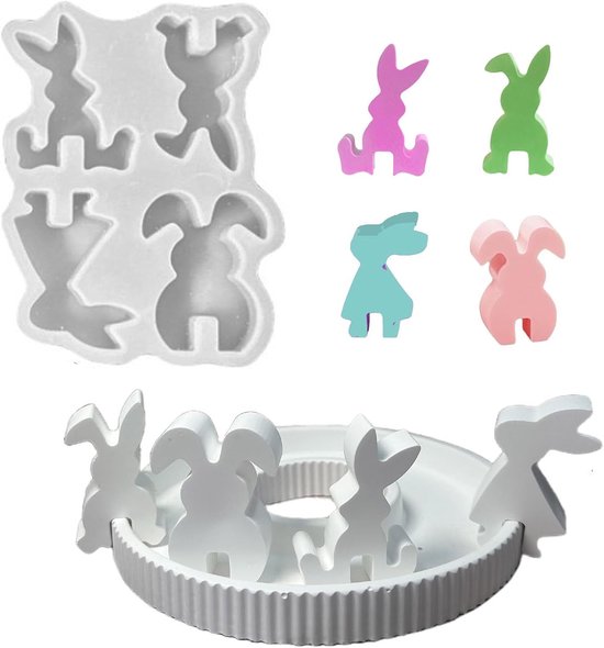 Gietvormen voor Pasen, 4 stuks, paashaas, siliconen vorm, paashaas, konijn, gipsvormen om te gieten, gietvormen, siliconen, lente, Pasen, voor kandelaars (geen dienblad, A)