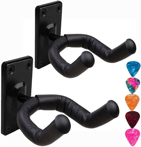 Gitaar muur hanger, haak, met picks, voor akoestische, klassieke, bas en elektrische gitaar, ukelele. (2 stuks, zwart)