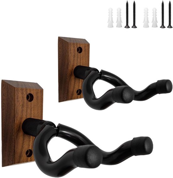 Gitaarhouder van zwart walnoot massief hout, set van 2 wandhouders met U-vormige haken en schroeven, voor akoestiek, elektrische gitaar, bas, banjo, mandoline, stabiele gitaaraccessoires, wandhouder