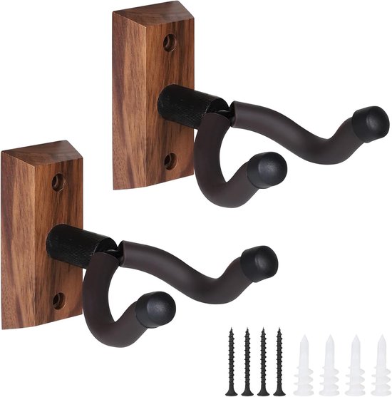Gitaarhouder voor aan de muur, set van 2 stuks, hardhout, U-vormige gitaarwandhouder, voor akoestische gitaar, elektrische gitaar, bas, zwart walnoot massief hout, gitaaraccessoires