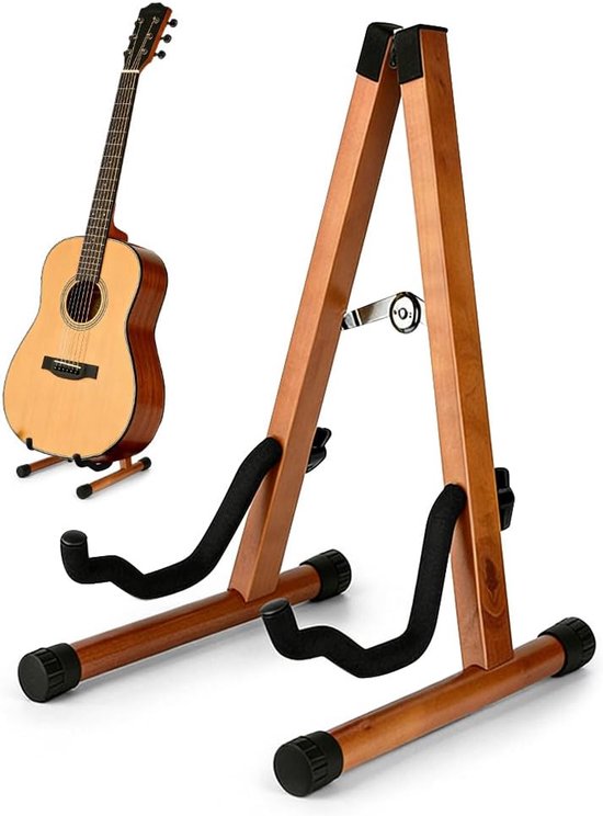 Gitaarstandaard van echt hout, akoestische gitaren, elektrische gitaren, bas, cello, banjo, mandoline, ukelele – ideaal voor muzikanten, studio en thuis (donkere houtnerf)
