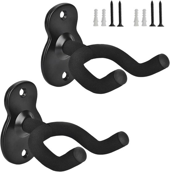 Gitaarwandhouder 2-delig, Zwart | Sponsbekleding, Zware wandhouder, Voor akoestische/elektrische/klassieke gitaar, Geschikt voor bas & ukelele