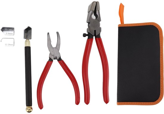 Glassnijder Gereedschapsset met Breektang, Gebogen Glastang, Glassnijderpen en 2 Stuks Messen, Ideaal voor Glas-in-lood, Mozaïeken, Smelten, Breken, Doe-het-zelf-projecten