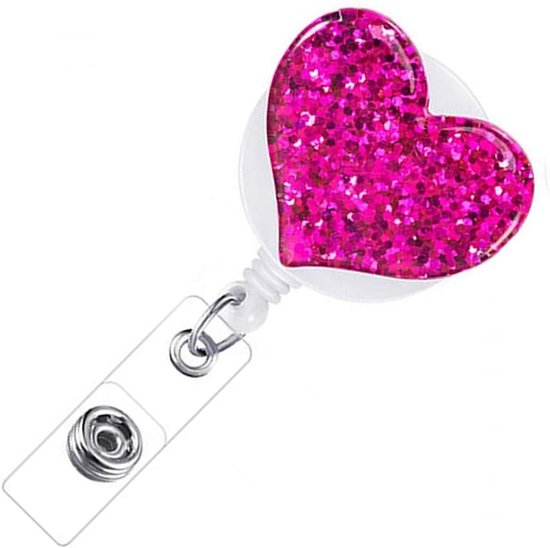 Glitterende Badge Reel met Hartvorm voor ID-kaarten en Sleutels - Retractable ID Houder met Broekclip in Roze Rood