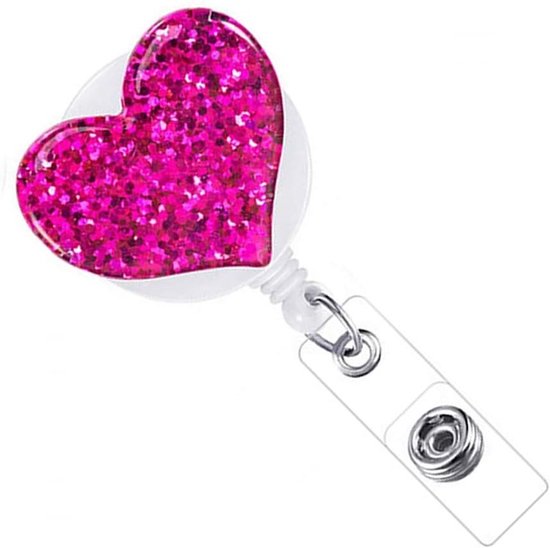 Glittery Badge Reel met Hartvorm - Retractable ID Card Houder met Ceclip voor Sleutels en ID Kaarten (Roze) van Merkloos