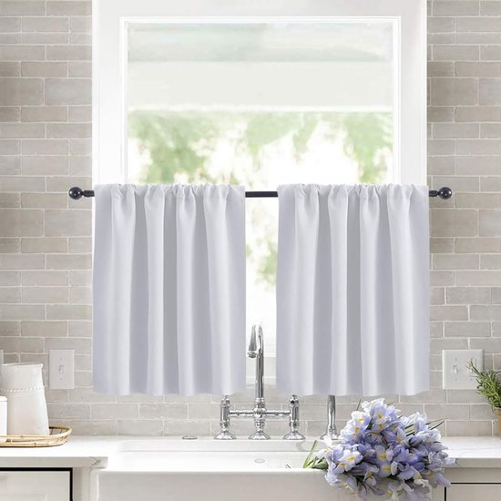 Gordijnen, kort, verduisteringsgordijnen, ondoorzichtig, keukengordijnen, set van 2 vitrage, wit, deco-gordijn voor woonkamer, slaapkamer, 78 x 76 cm (H x B), antraciet gordijnen