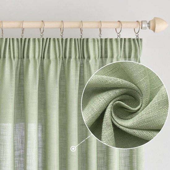 Gordijnen, linnen gordijn met plooiband, voilegordijn, linnenlook, modern, semi-transparant, voor woonkamer, decoratief gordijn, keukengordijn, vitrage, kinderkamer, groen, 140