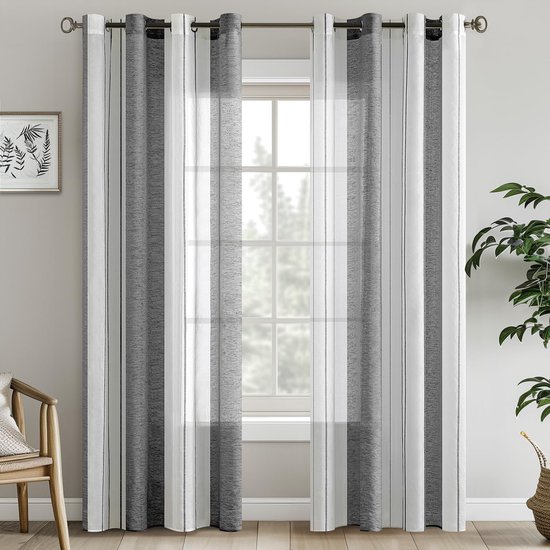 Gordijnen met oogjes, beige-wit strepen, voile gordijnen, semi-transparant, voor woonkamer en woonkamer, decoratief, set van 2, vitrage met inslagringen, gordijn voor moderne slaapkamer, 140 x