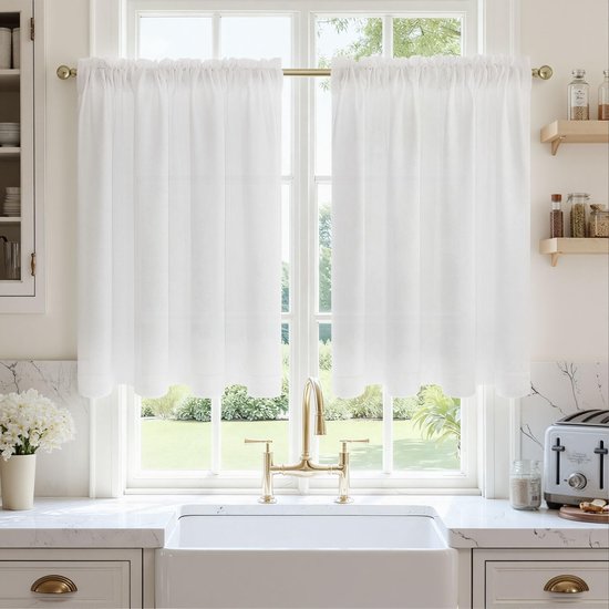 Gordijnen met oogjes, linnenlook, wit, halftransparant, 2-delige set, voor keukenramen, kort, landhuisstijl, moderne bistrogordijn, 60 cm breed x 45 cm hoog, lichtdoorlatend, met