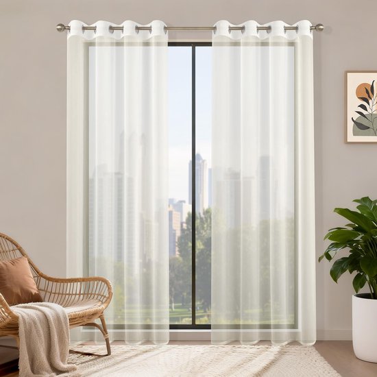 gordijnen met ringen, 2 stuks, 120 x 230 cm, kort, voor slaapkamer, woonkamer en keuken, beige