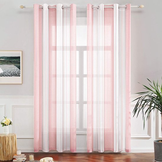 Gordijnen, transparant, voile met inslagringen voor woon- en slaapkamer, set van 2 stuks, 140 x 245 cm, wit met lichtroze