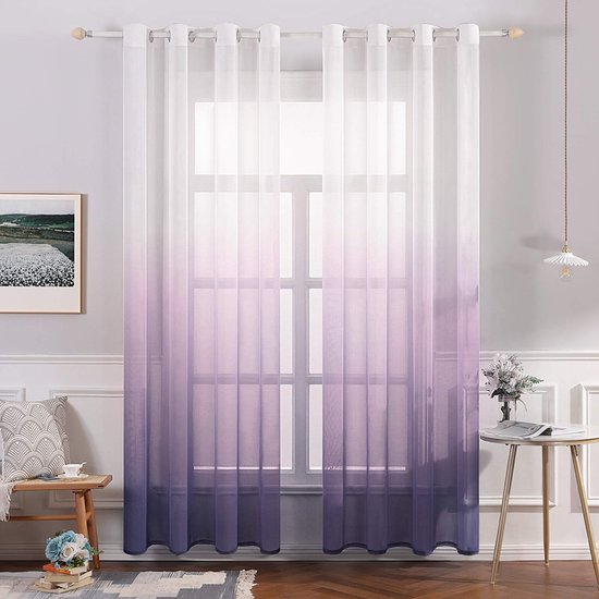 Gordijnen transparante gordijnen kleurverloop voile vitrage set van 2 gordijnen met ogen decoratieve vitrage voor slaap- en woonkamer 225 x 140 cm (h x b) wit paars