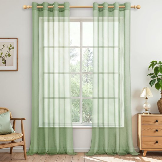 Gordijnen voor slaapkamer, met ingestanste ringen, saliegroen, set van 2, H 245 x B 140 cm, transparante gordijnen, doorzichtig, gordijn met ingestanste ringen, vitrage, modern, elegant